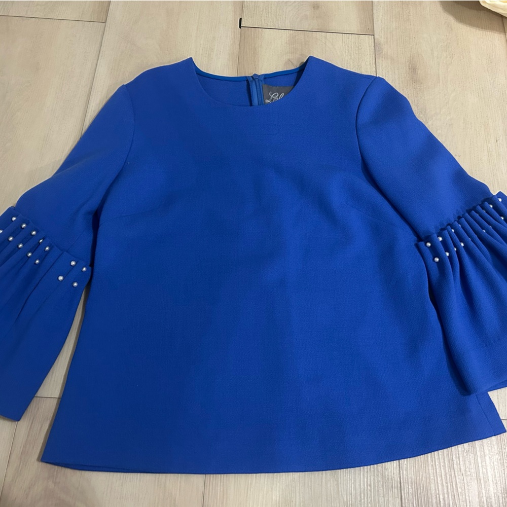 Lela Rose Royal Blue Blouse with Pearl Sleeve Detail size 6